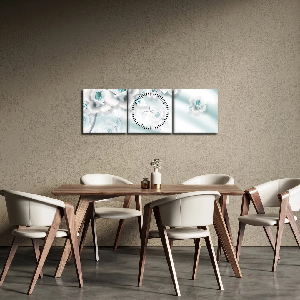 Tablou - Flori de trandafir turcoaz (cu ceas) (90x30 cm)