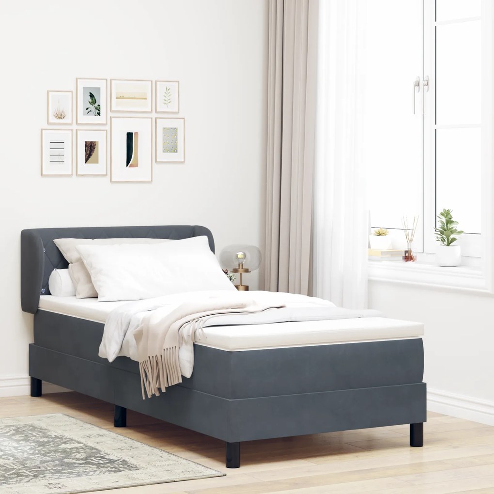 vidaXL Pat box spring cu saltea, gri închis, 90x190 cm, catifea