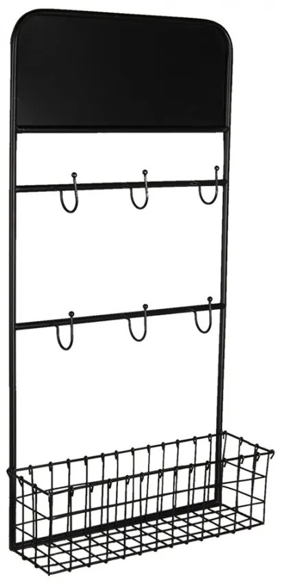 Etajera de perete, neagra, din metal, cu 6 agatatori si un cos, Virelle