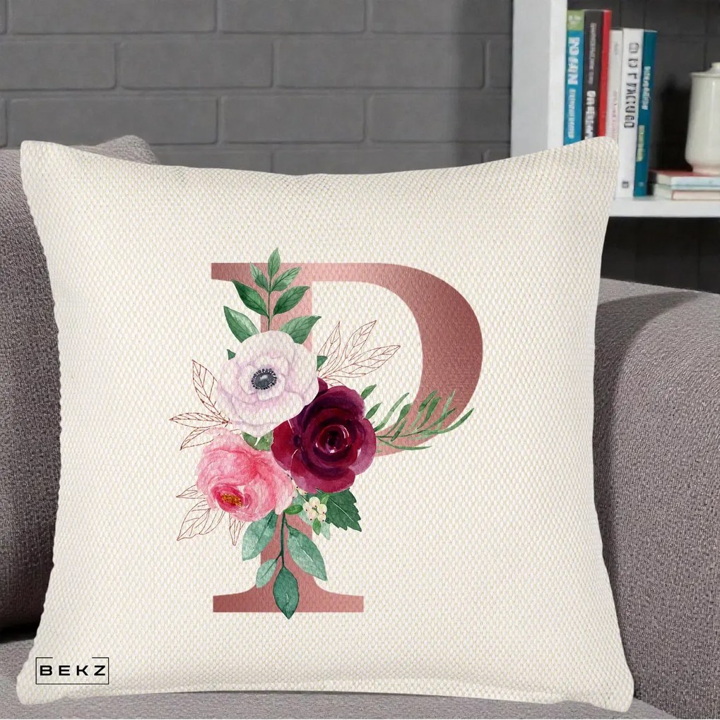 Cadou Personalizat - Perna Personalizata Monograma Rose Gold Litera P, 40x40 cm, Crem Reliefat, Husa Detasabila, Perna Inclusa, BEKZ®