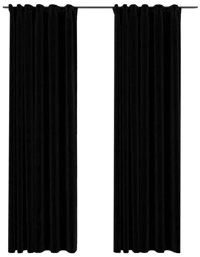 Perdele opace aspect panza, carlige, 2 buc., negru, 140x225 cm 2, Negru, 140 x 225 cm