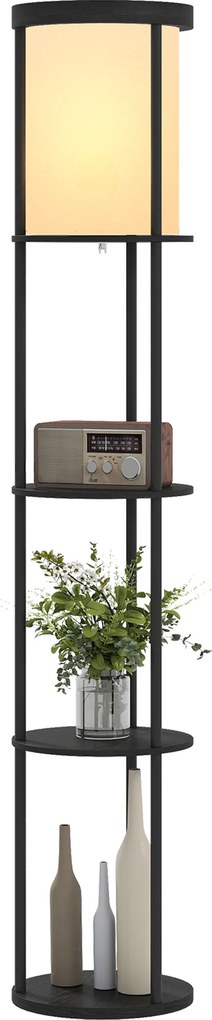 HOMCOM Lampă de podea cu 3 rafturi, design rotund, telecomandă, comutator de picior, temperatură de lumină reglabilă, pentru living, Negru | Aosom Romania