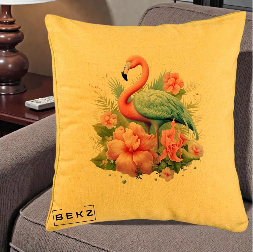 Perna Decorativa Flamingo cu Hibiscus Tropical, 40x40 cm, Galben, Husa Detasabila, Perna Inclusa, BEKZ®