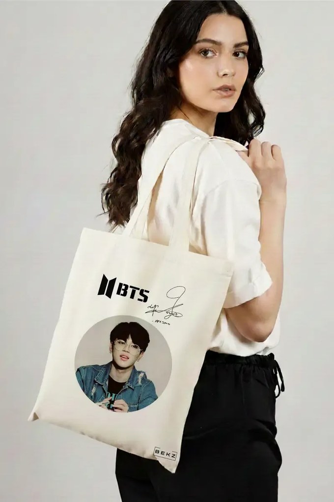 Sacosa de Panza pentru Cumparaturi, Geanta Tote, model BTS Jimin cu semnatura, 38x34.5 cm, Alba, BEKZ®