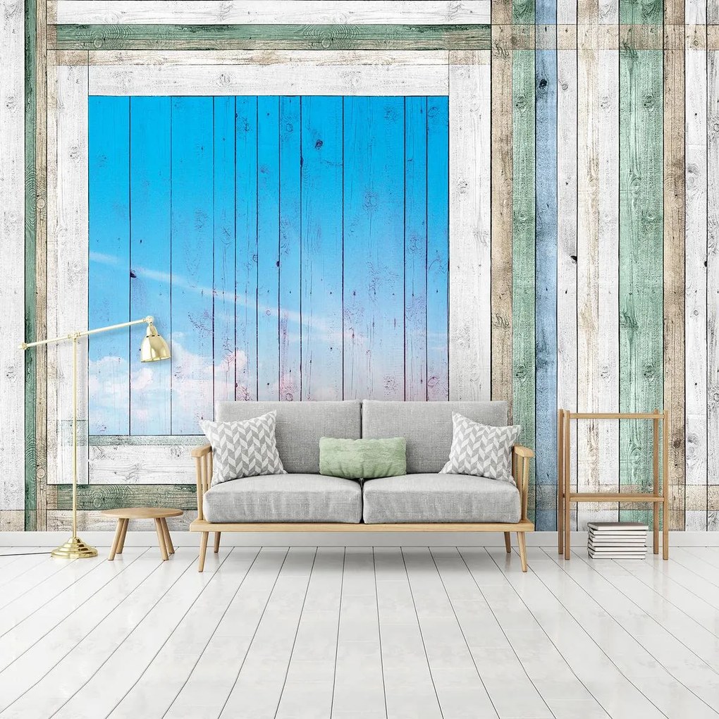 Fototapet - Scănduri de lemn - geamul albastru (152,5x104 cm)