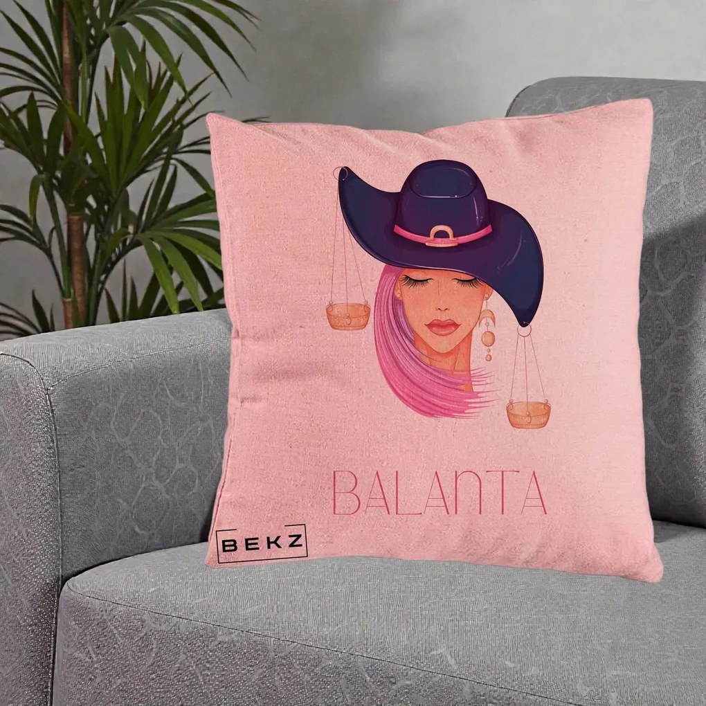 Perna Personalizata Zodiac Balanta Cowgirl, 40x40 cm, Roz, Husa Detasabila, Perna Inclusa, BEKZ®