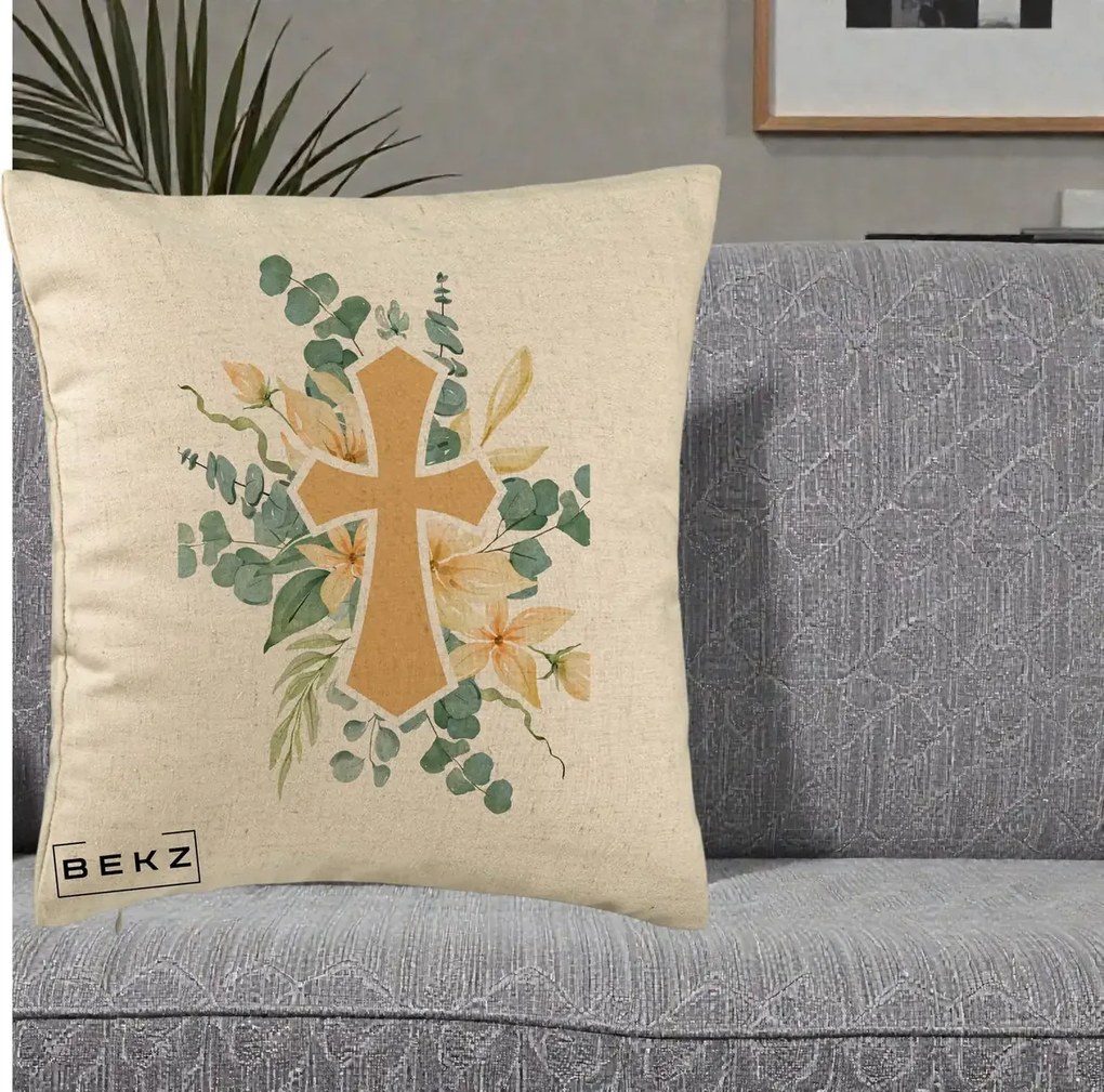 Perna Personalizata Cruce Florala Botez, 40x40 cm, Bej, Husa Detasabila, Perna Inclusa, BEKZ®
