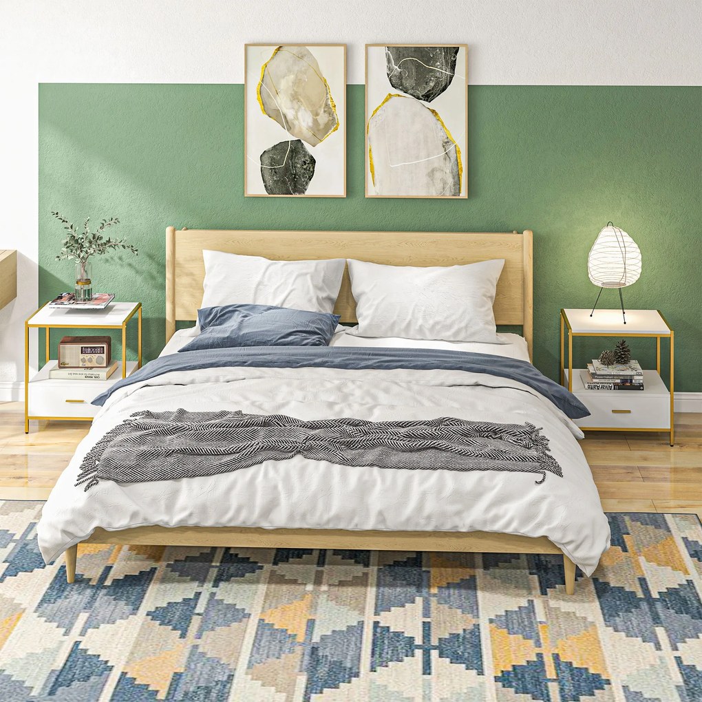 Set de 2 Masute Noptiere Moderne, Noptiere cu Sertar si Raft, Organizatoare de Depozitare, Alb si Auriu 50x40x55cm HOMCOM | Aosom Romania