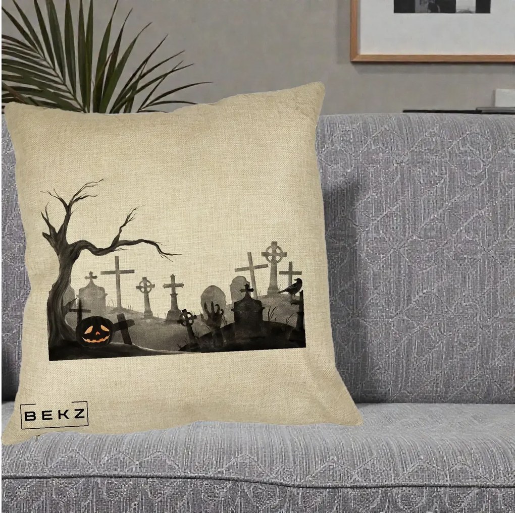 Perna Decorativa Halloween Cimitir Acuarela cu Dovleac, 40x40 cm, Crem, Husa Detasabila, Perna Inclusa, BEKZ®