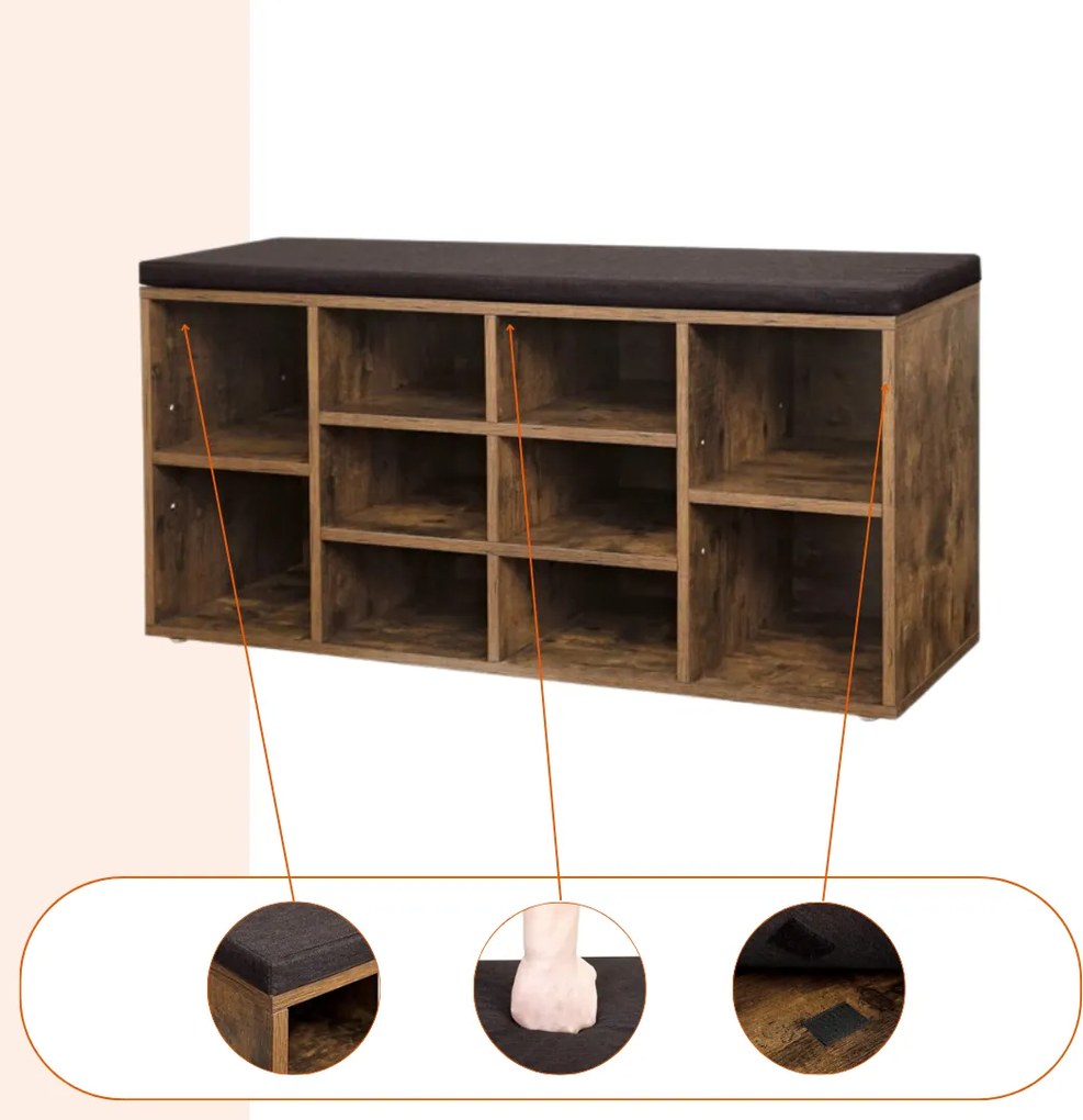 Pantofar cu bancă tapițată GABI, 10 compartimente, 104x30x48cm, negru/maro închis Vasagle