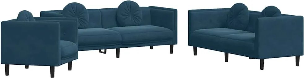 vidaXL Set de canapele cu perne, 3 piese, albastru, catifea