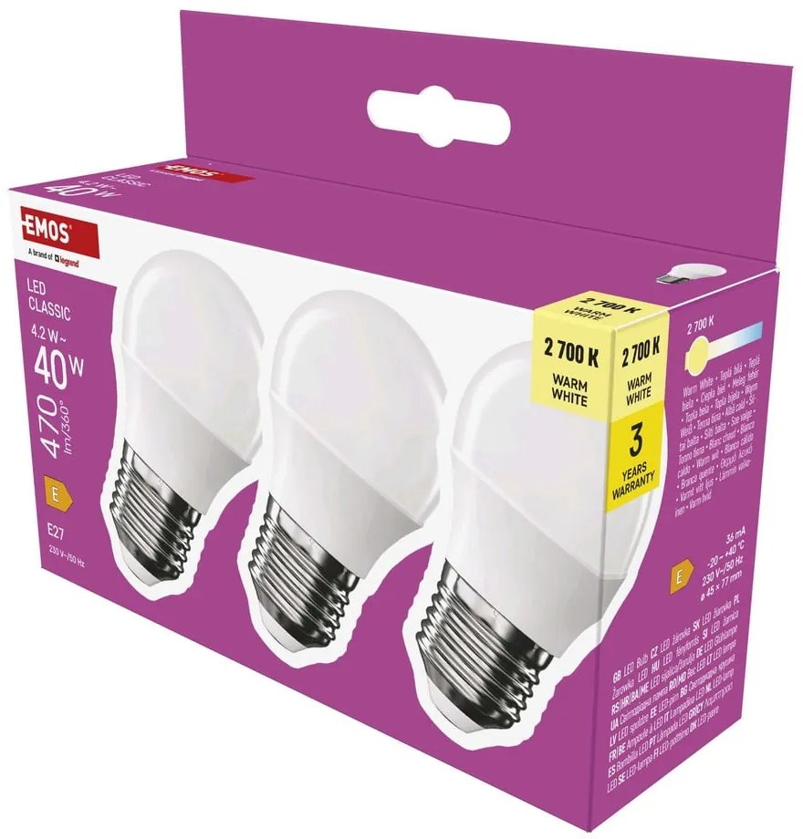 Becuri LED E27, 3 buc. cu lumină albă caldă 4 W – EMOS