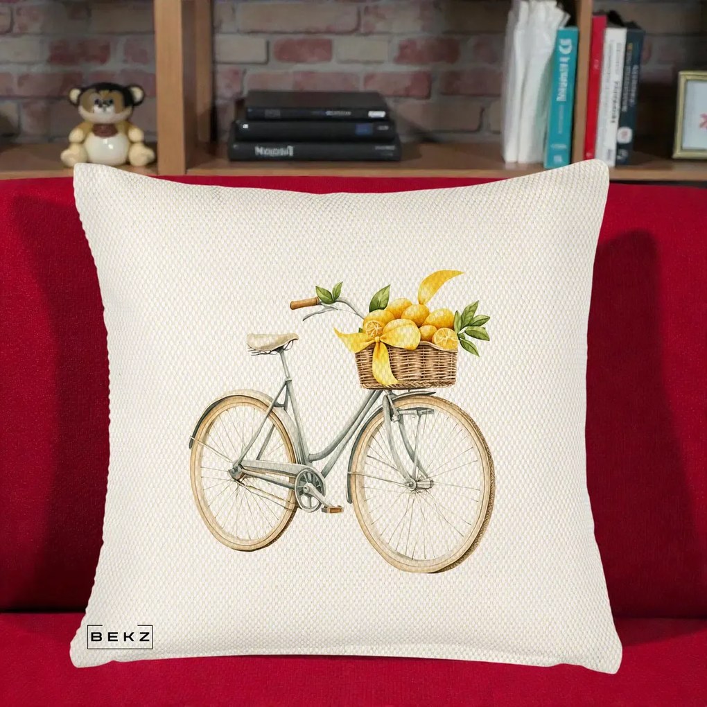Perna Decorativa Bicicleta cu Cos de Lamai Mediteranean, 40x40 cm, Crem Reliefat, Husa Detasabila, Perna Inclusa, BEKZ®