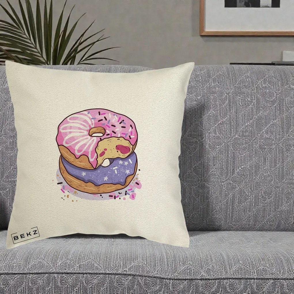 Perna Decorativa Donuts Roz si Mov, 40x40 cm, Ecru, Husa Detasabila, Perna Inclusa, BEKZ®