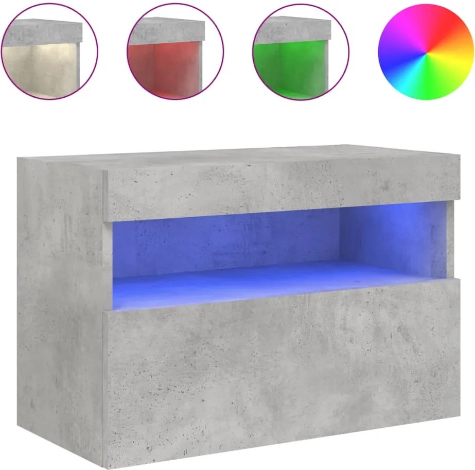 vidaXL Comodă TV de perete cu lumini LED, gri beton, 60x30x40 cm