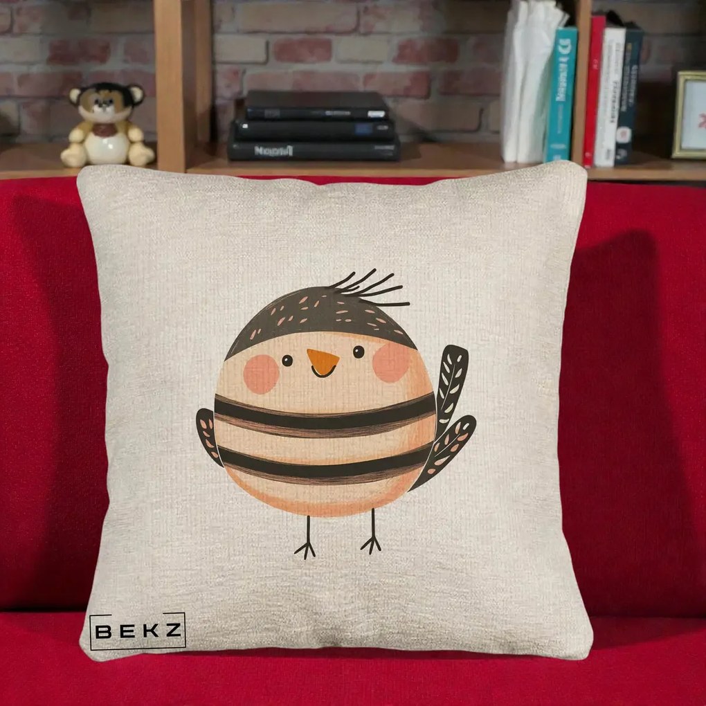Perna Decorativa Pui Kawaii Bej-Negru Dungat, 40x40 cm, Bej Canapea, Husa Detasabila, Perna Inclusa, BEKZ®