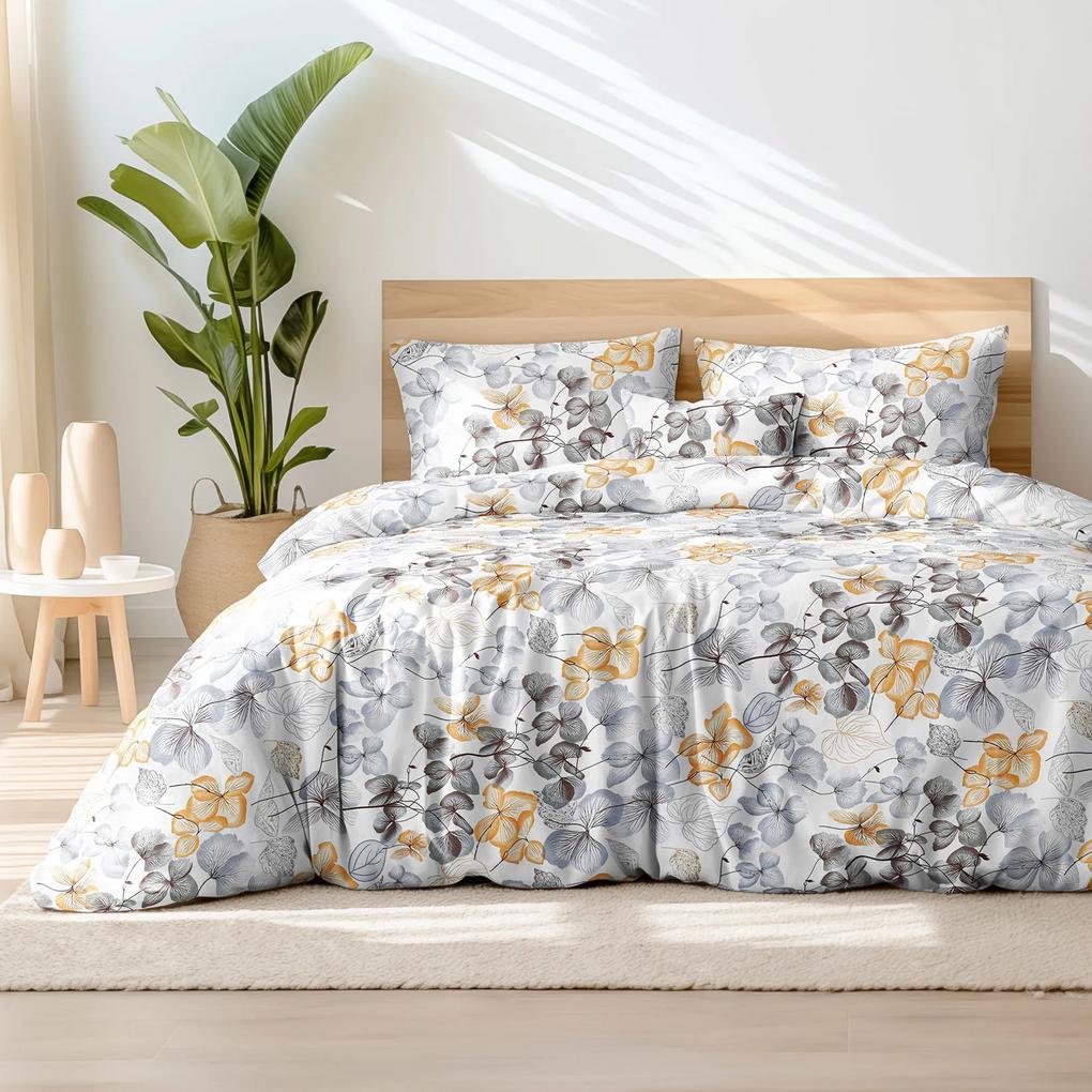 Goldea lenjerie de pat 100% bumbac - flori gri-maro cu frunze 140 x 200 și 50 x 70 cm