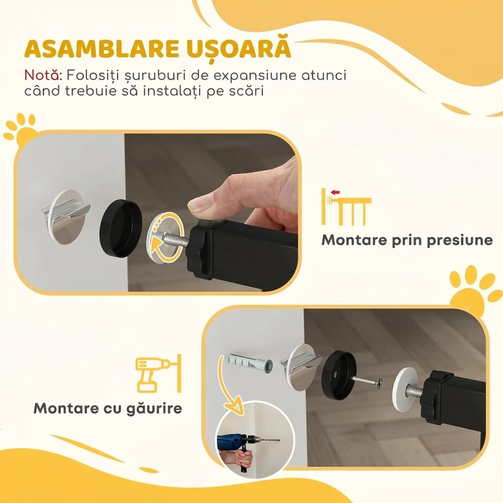 PawHut Poartă Extensibilă și Reglabilă pentru Câini, pentru Scări și Uși, din Oțel și ABS, 75-85x76 cm, Negru | Aosom Romania