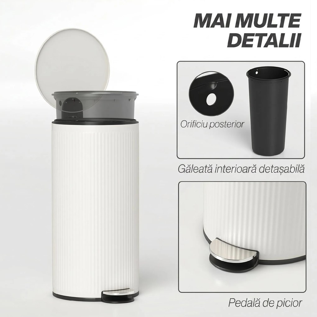 HOMCOM Coș de gunoi 30 L cu capac soft-close, metal și PP, crem | Aosom Romania