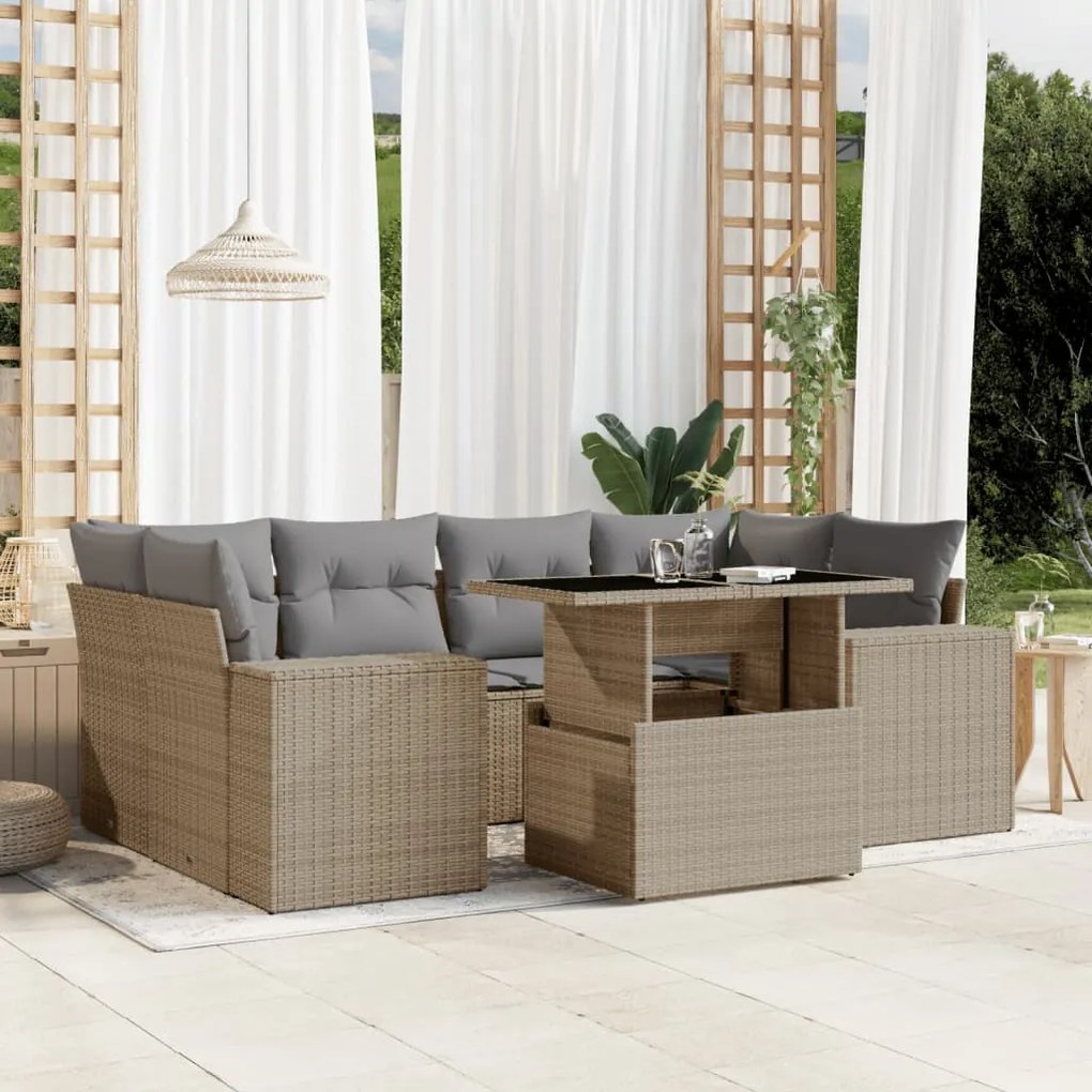 vidaXL Set canapele de grădină, 7 piese, cu perne, bej, poliratan