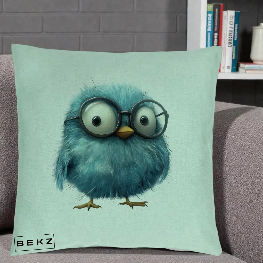 Perna Decorativa Pui Pufos Teal cu Ochelari, 40x40 cm, Verde Menta, Husa Detasabila, Perna Inclusa, BEKZ®