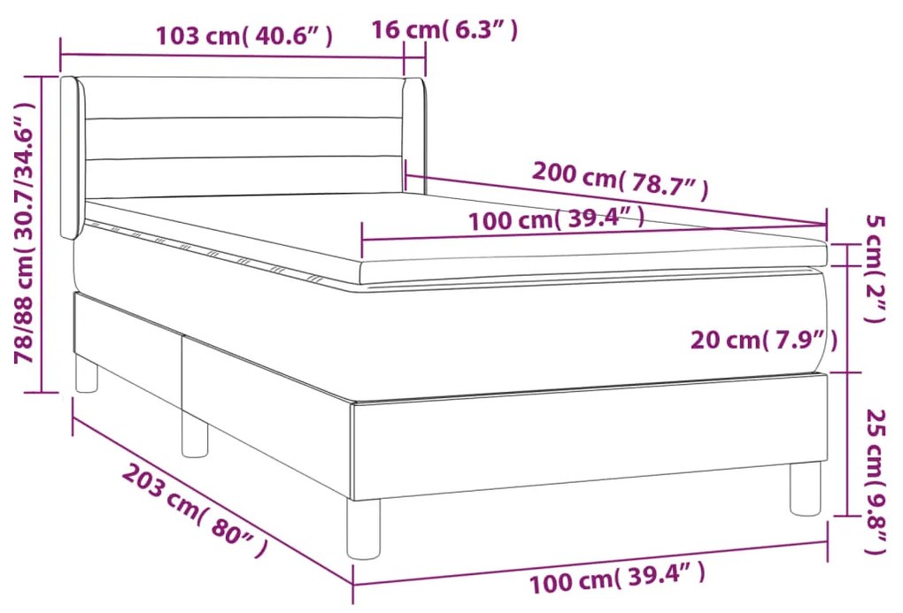 Pat box spring cu saltea, gri deschis, 100x200 cm, textil Gri deschis, 100 x 200 cm, Benzi orizontale