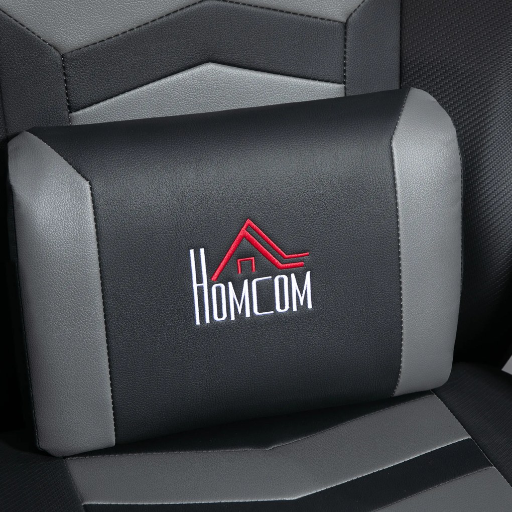 HOMCOM Fotoliu de gaming, funcție de masaj, spătar reglabil, suport pentru picioare, până la 120 kg, cadru din oțel, piele ecologică, Gri | Aosom Romania