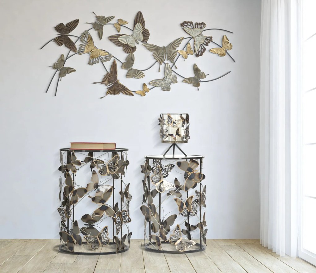 Set 2 masute Farfalle, fier sticla, multicolor, 41,3X55-35X50,3 cm