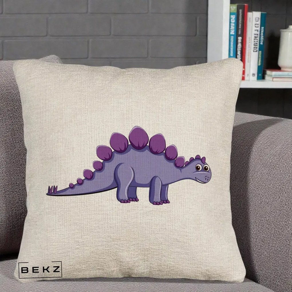 Perna Personalizata Stegozaur Mov, 40x40 cm, Bej Canapea, Husa Detasabila, Perna Inclusa, BEKZ®