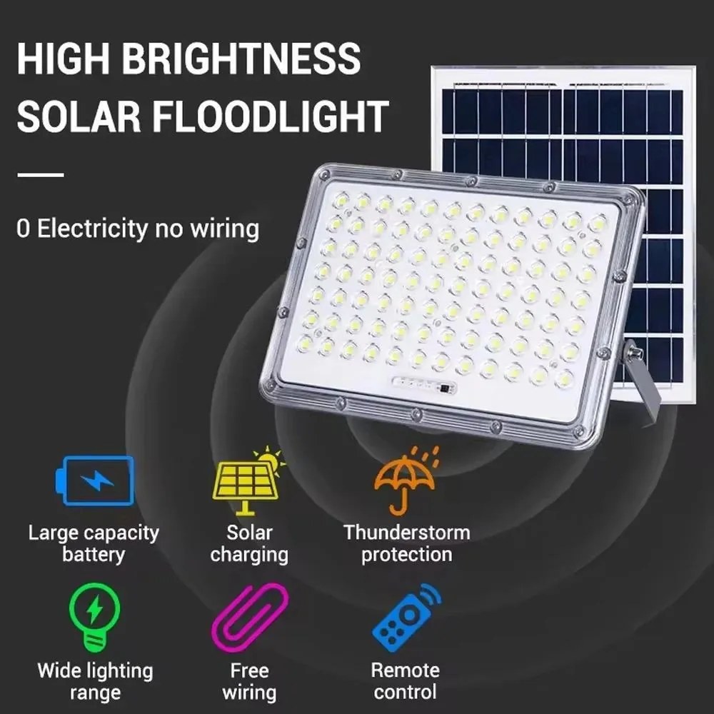 Proiector LED cu Panou Solar și Telecomandă, Rezistent la Apă IP65, 100W, Gri