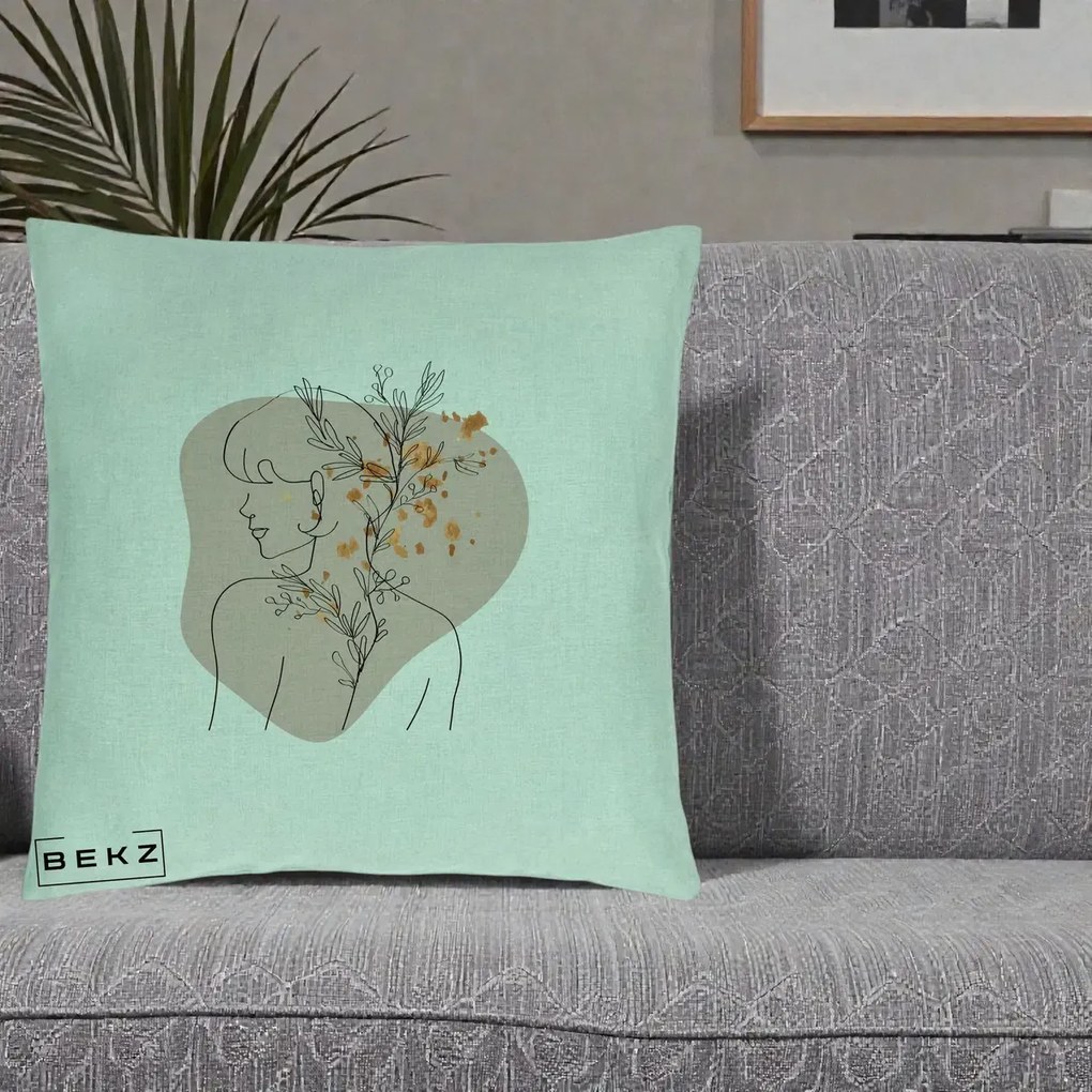 Perna Decorativa Femeie cu Flori Line Art Boho, 40x40 cm, Verde Menta, Husa Detasabila, Perna Inclusa, BEKZ®