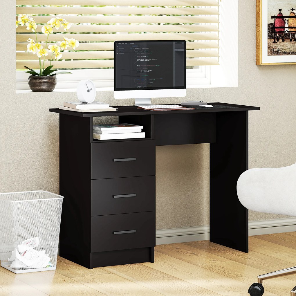 HOMCOM Birou Modern din Lemn cu 3 Sertare și Raft Deschis, 100x40x75 cm, Negru și Maro | Aosom Romania
