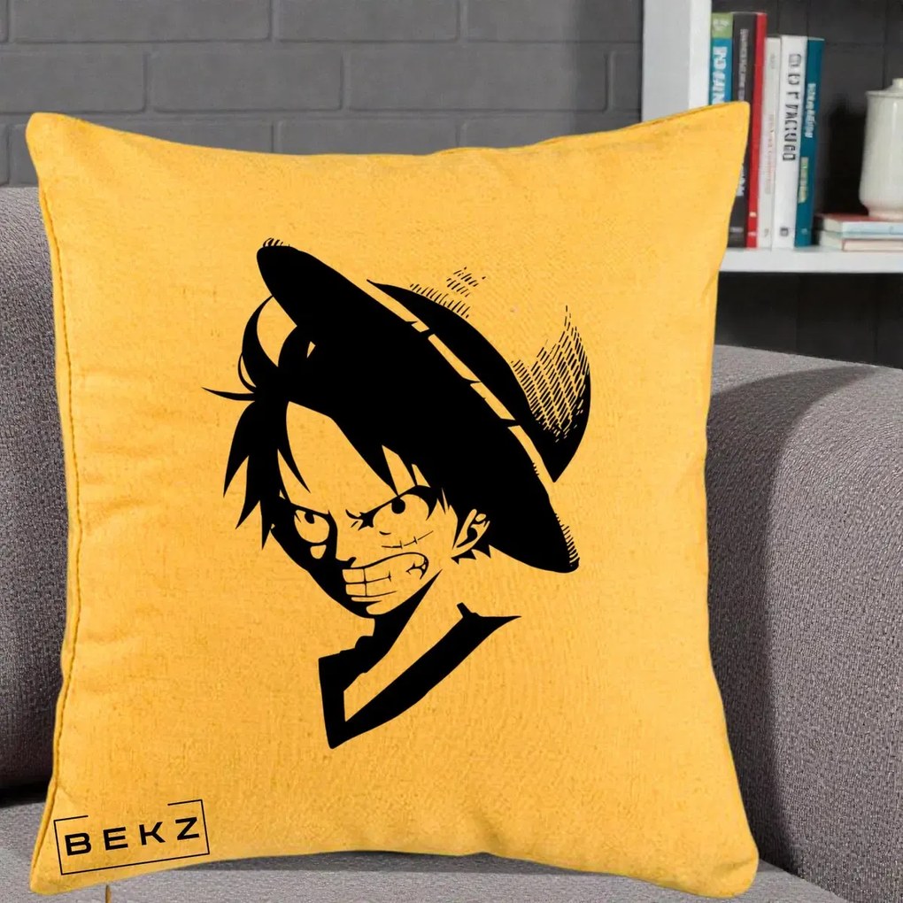 Perna Personalizata One Piece Luffy Silueta Alb-Negru, 40x40 cm, Galben, Husa Detasabila, Perna Inclusa, BEKZ®
