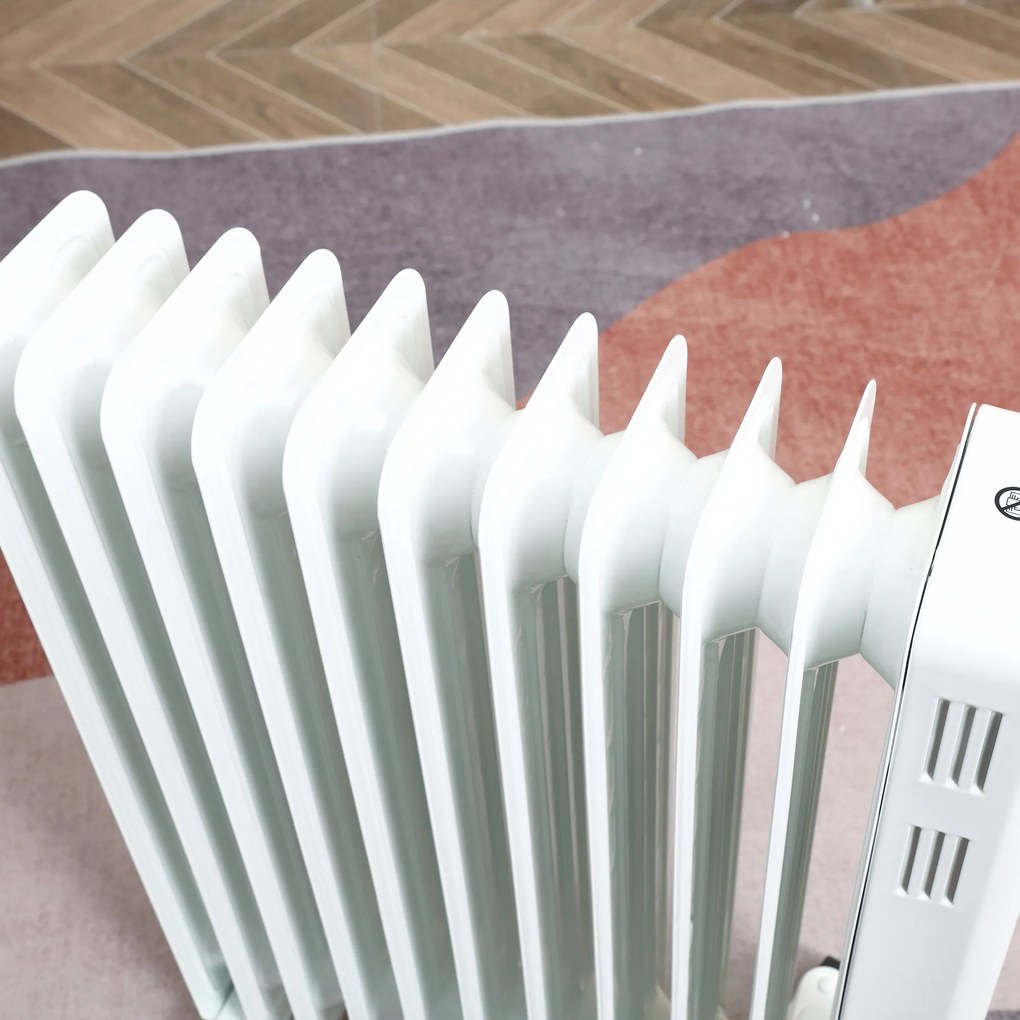 Radiator cu Ulei 11 Elementi, 3 Nivele de Incalzire, Timer si Temperatura Reglabila, 50.5x24x63cm, Alb HOMCOM | Aosom Romania