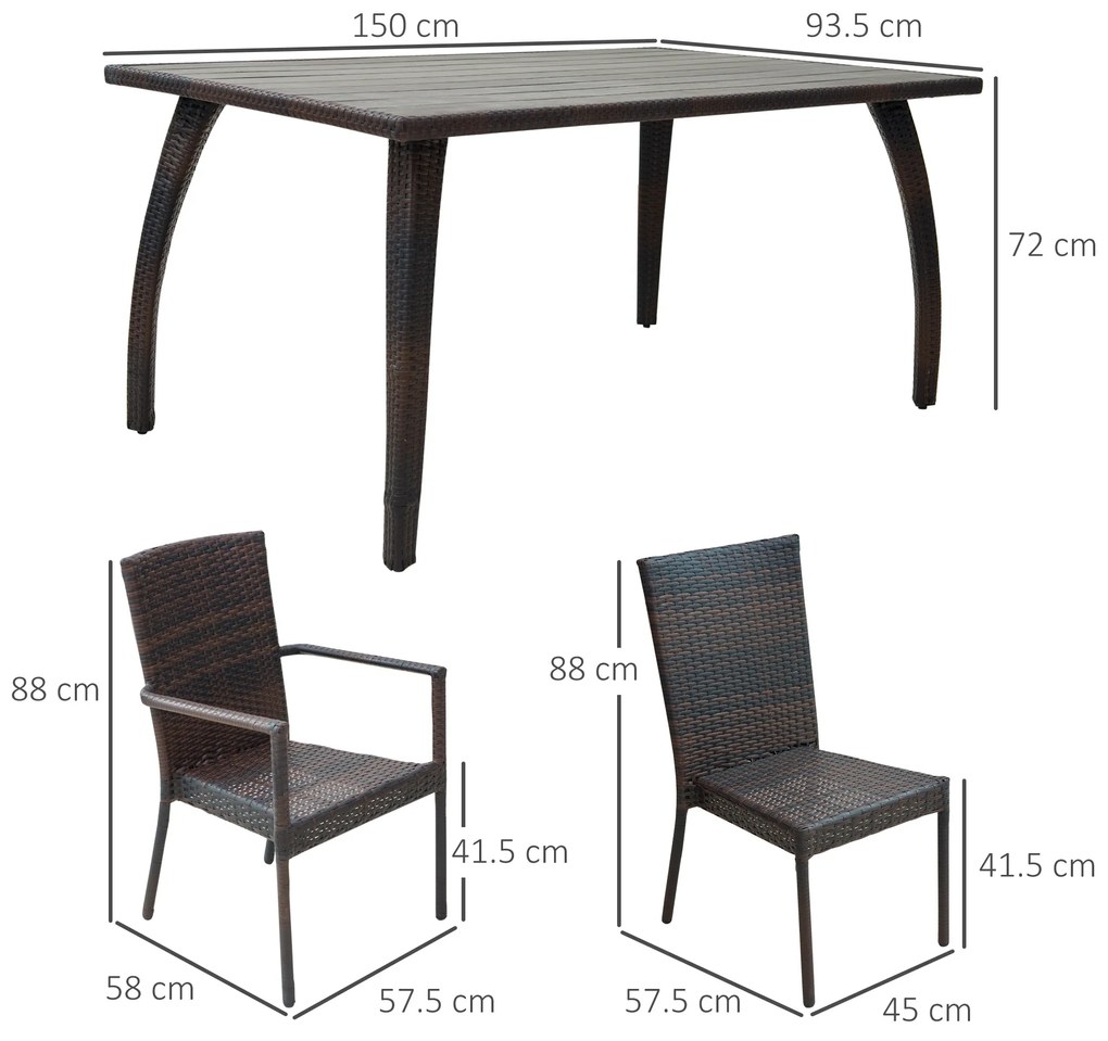 Outsunny Set Mobilier de Extern in PE Rattan Masa de Pranz in Lemn cu 6 Scaune cu Perne, Maro