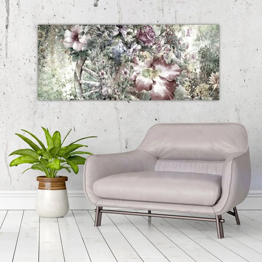 Tablou - Flori pe roata de lemn (120x50 cm)