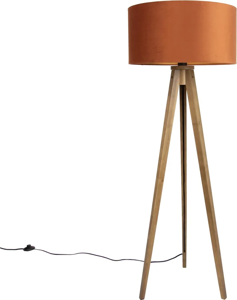 Vloerlamp hout met kap oranje een gouden binnenkant 50cm - Tripod Classic