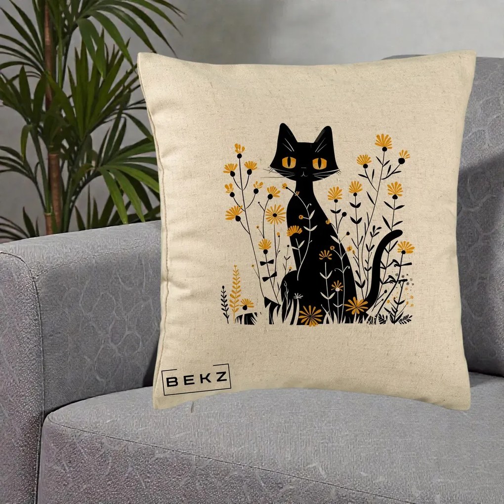 Perna Decorativa Pisica Neagra Ochi Galbeni Flori Galbene, 40x40 cm, Bej, Husa Detasabila, Perna Inclusa, BEKZ®