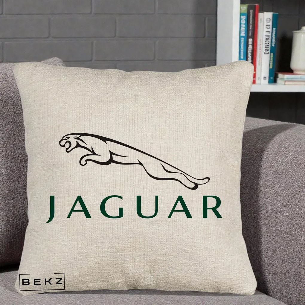 Perna Personalizata cu emblema Jaguar, 40x40 cm, Bej Canapea, Husa Detasabila, Perna Inclusa, BEKZ®
