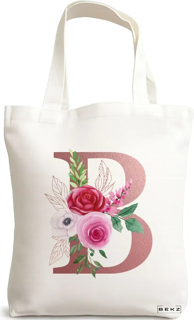 Sacosa de Panza pentru Cumparaturi, Geanta Tote, Cu litera B Rose Gold si Trandafiri, 38x34.5 cm, Alba, BEKZ®