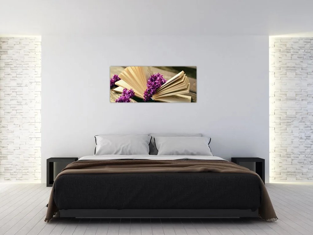 Tablou cu carte și floare violetă (120x50 cm)