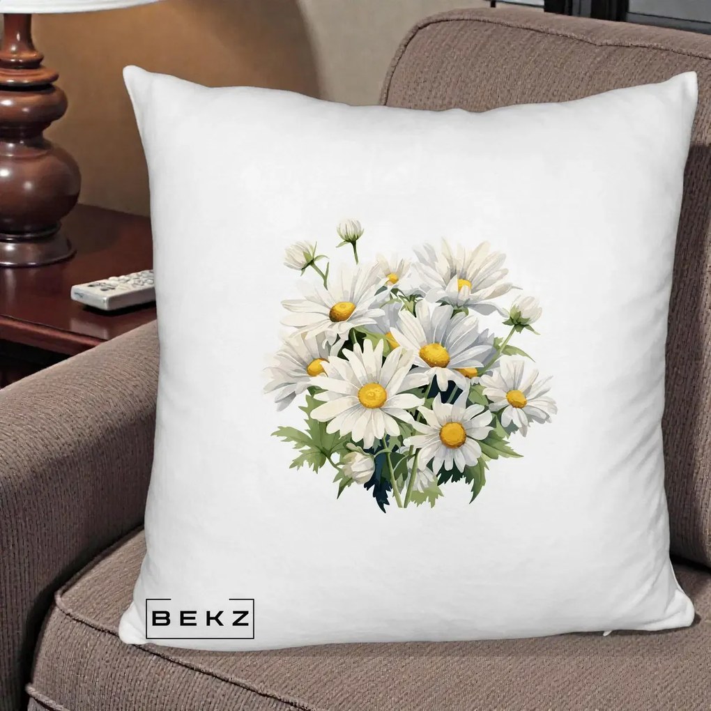Perna Decorativa Buchet Margarete Albe Acuarela, 40x40 cm, Alb Pufos, Husa Detasabila, Perna Inclusa, BEKZ®