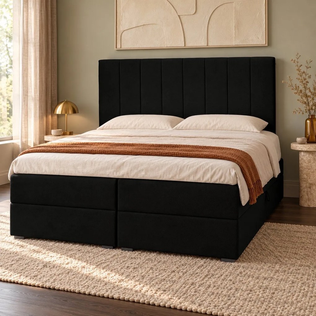 Pat boxspring din catifea Novella cu ladă 180×200 cm, negru
