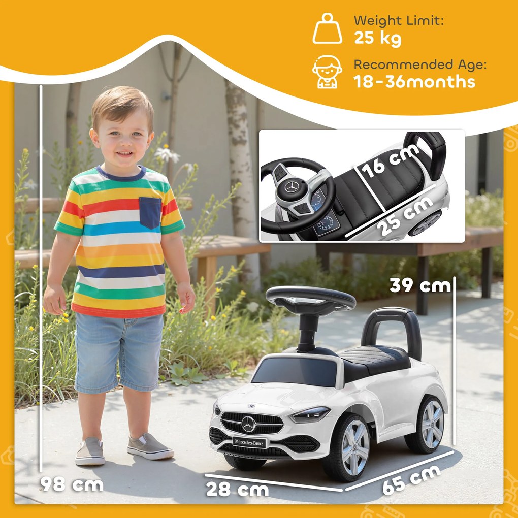 Mașinuță Electrică AIYAPLAY pentru Copii Licență Mercedes Benz cu Claxon și Spațiu de Depozitare, 65x28x39 cm, Alb | Aosom Romania
