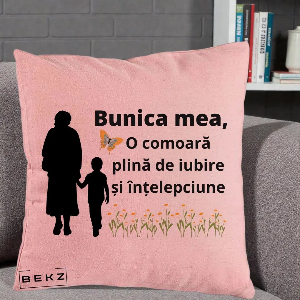 Cadou pentru Bunica - Perna Personalizata Bunica Mea Comoara cu Fluture si Baietel, 40x40 cm, Roz, Husa Detasabila, Perna Inclusa, BEKZ®