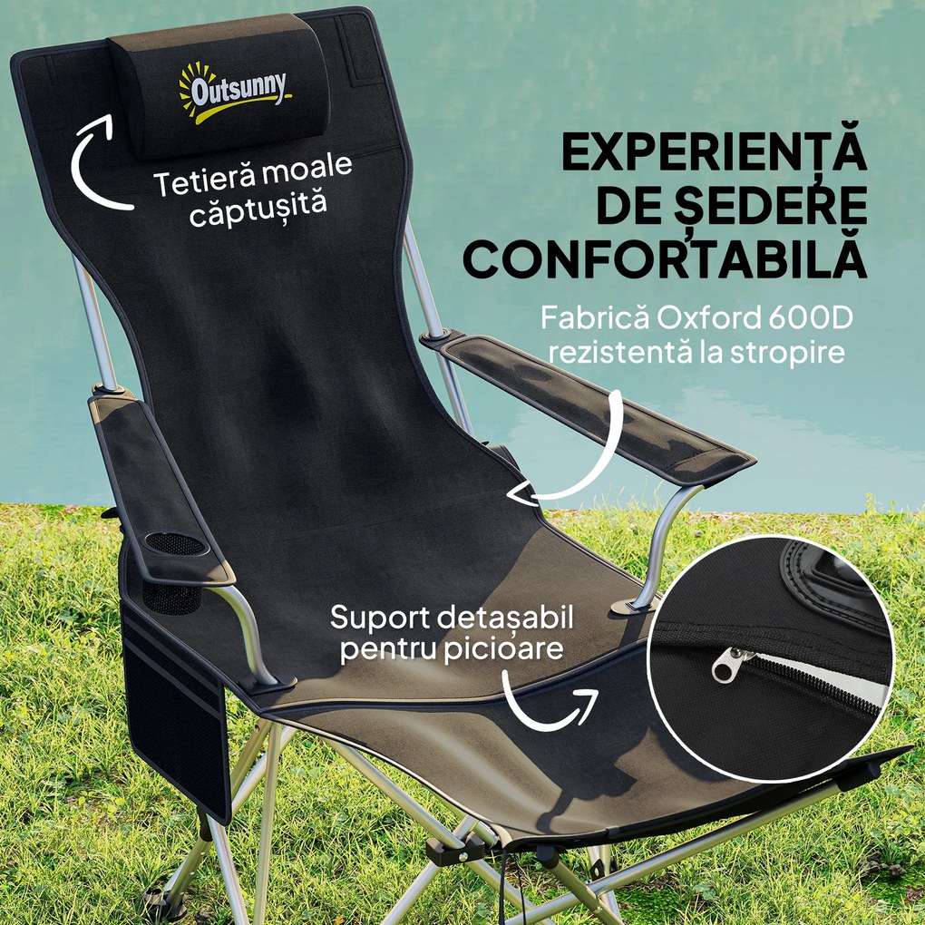 Outsunny Set de 2 Scaune de Camping Pliabile cu Suport pentru Picioare Detașabil, 82x100x88 cm, Negru | Aosom Romania