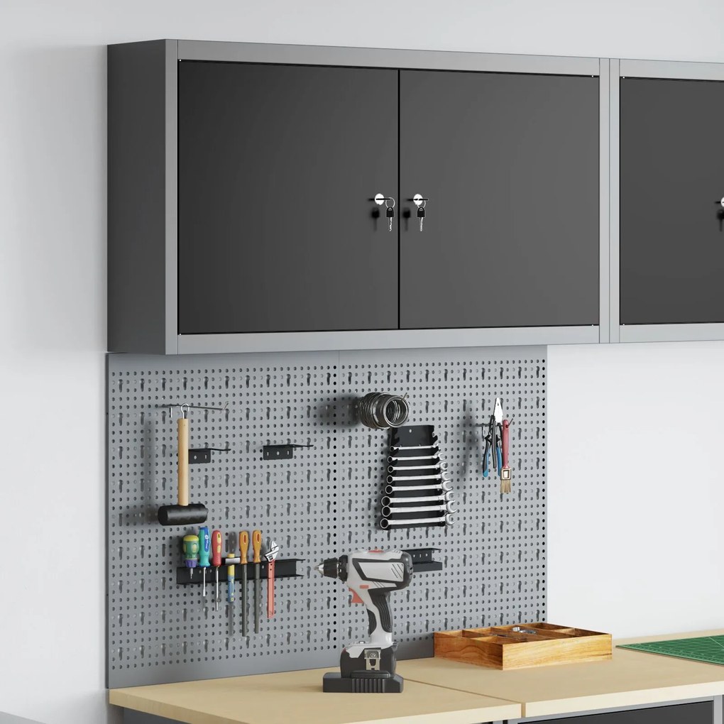 vidaXL Set dulap unelte &amp; panou cârlige de perete, 3 piese negru metal