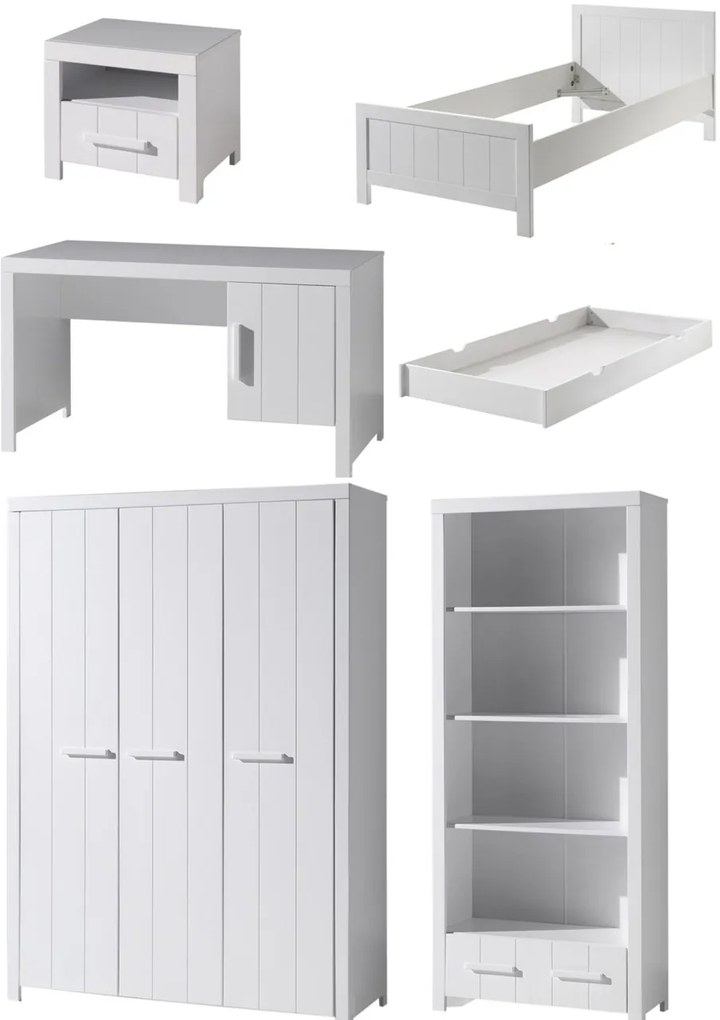 Set Mobilier Cameră Copii ERIK: Pat 90x200 cm, Dulap 3 Uși, Birou, Bibliotecă, Noptieră și Sertar, Alb – Vipack