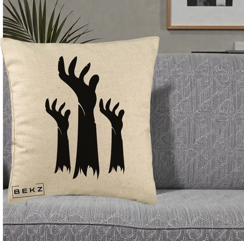 Perna Decorativa Halloween Maini Zombie Alb-Negru, 40x40 cm, Bej, Husa Detasabila, Perna Inclusa, BEKZ®