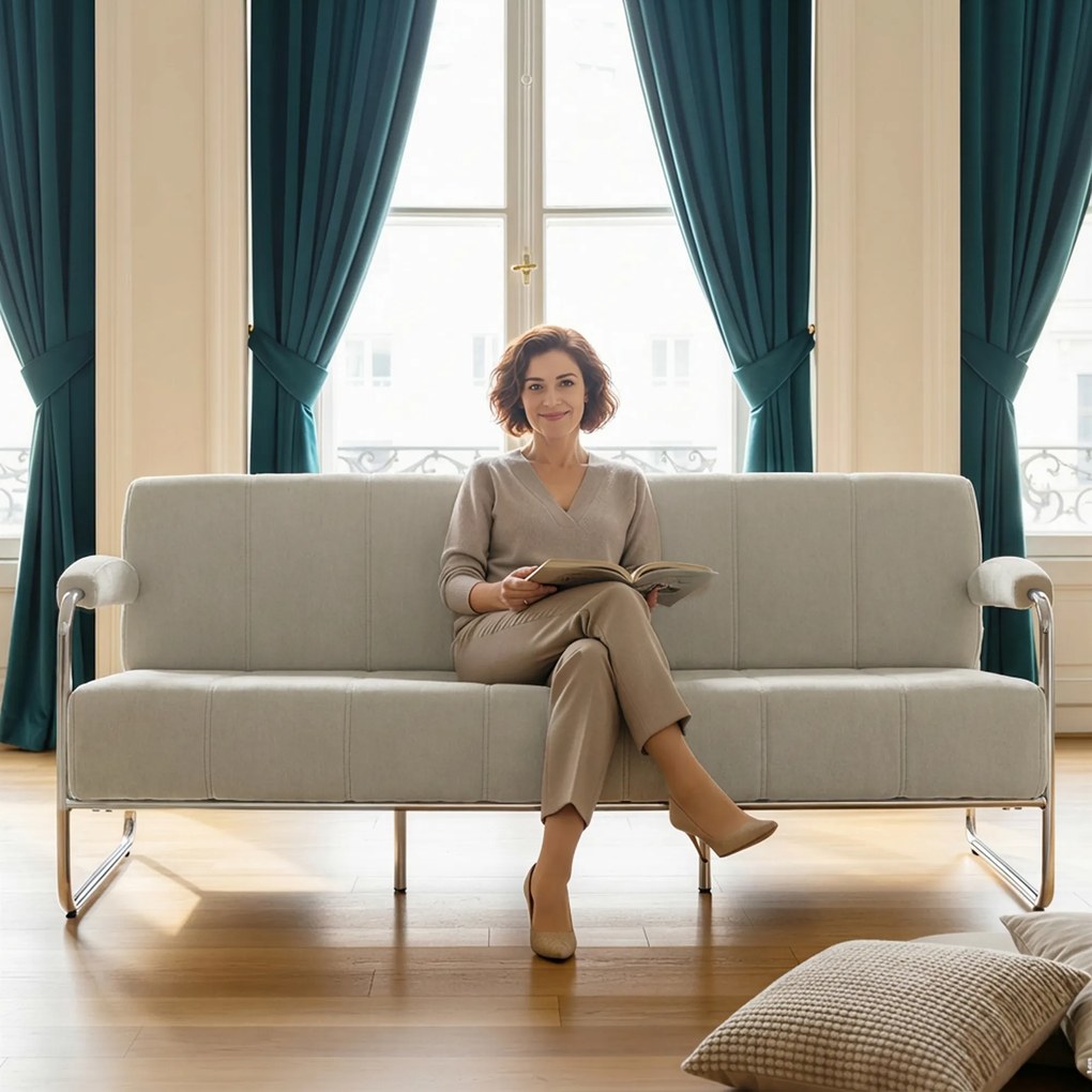 HOMCOM Canapea 3 Locuri Tapițată cu Chenille și Cusături Duble, Canapea Modernă cu Brațe și Picioare din Oțel, pentru Living, Birou și Dormitor, 174x75x76 cm, Bej | Aosom Romania